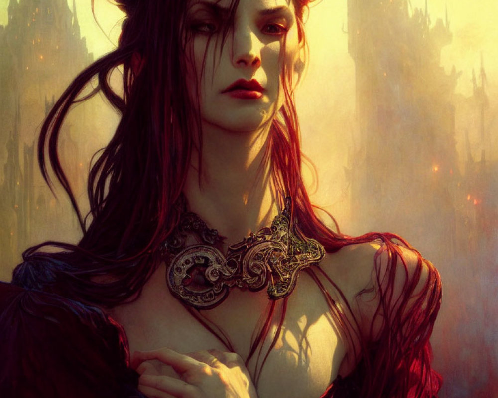 Illustration of woman with dark red hair, pale skin, wearing necklace, with misty gothic