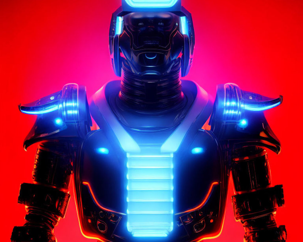 Futuristic robot with blue and white lights on sleek armor, illuminated visor, on vibrant red