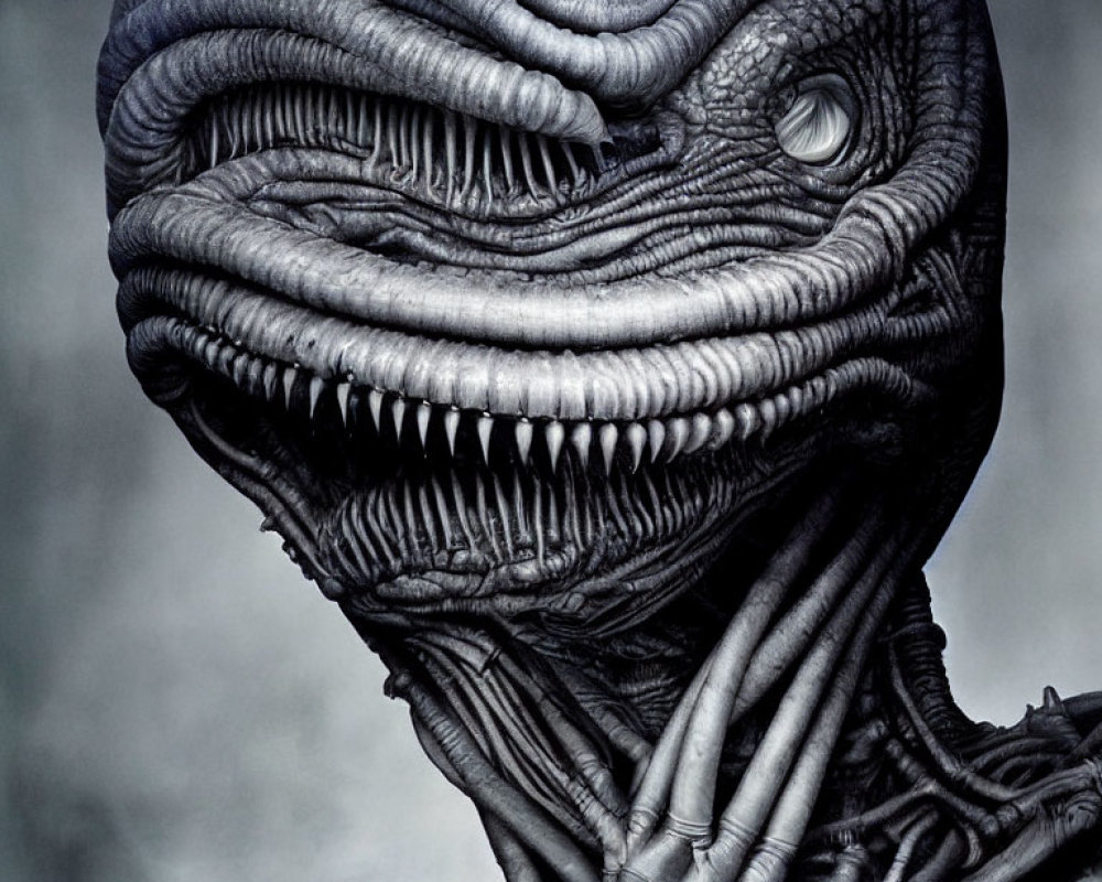 Detailed reptilian alien creature with textured skin and sharp teeth in close-up view