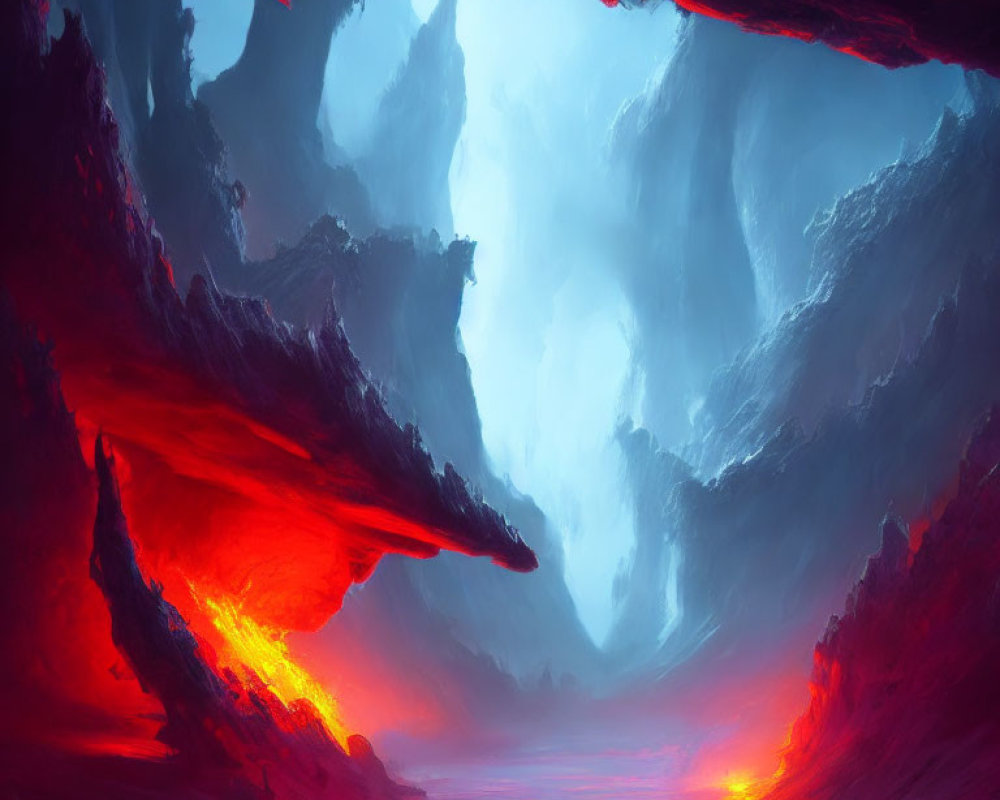 Vibrant painting of volcanic cavern with glowing lava and ethereal sky