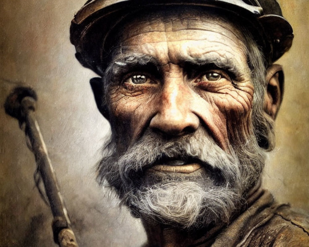 Elderly miner with weathered face and pickaxe gazes intensely