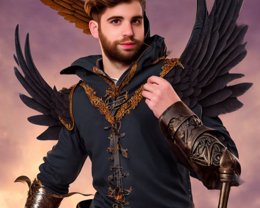 Bearded man in fantasy costume with black wings and staff