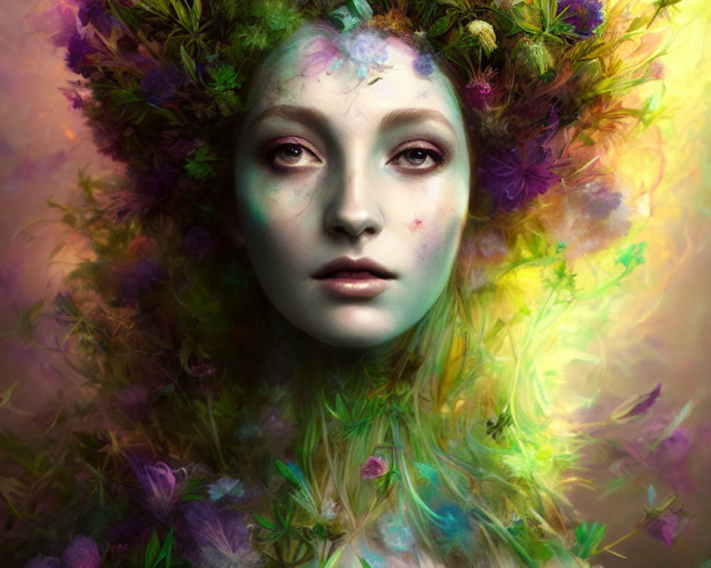 Fantasy-themed portrait with floral crown and colorful misty foliage.