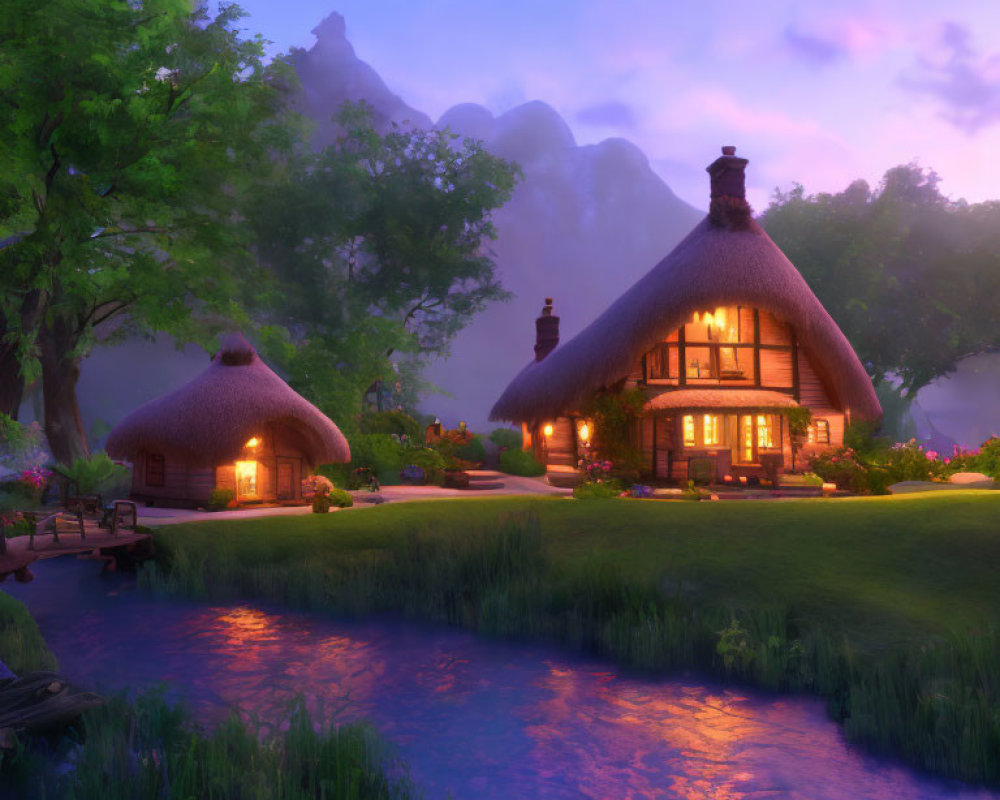 Thatched-Roof Cottages by Serene River at Dusk