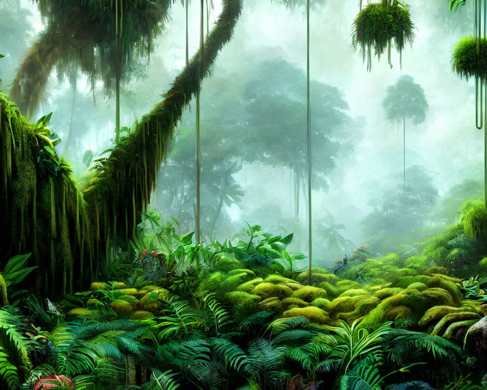 Lush Green Forest with Hanging Vines and Misty Atmosphere