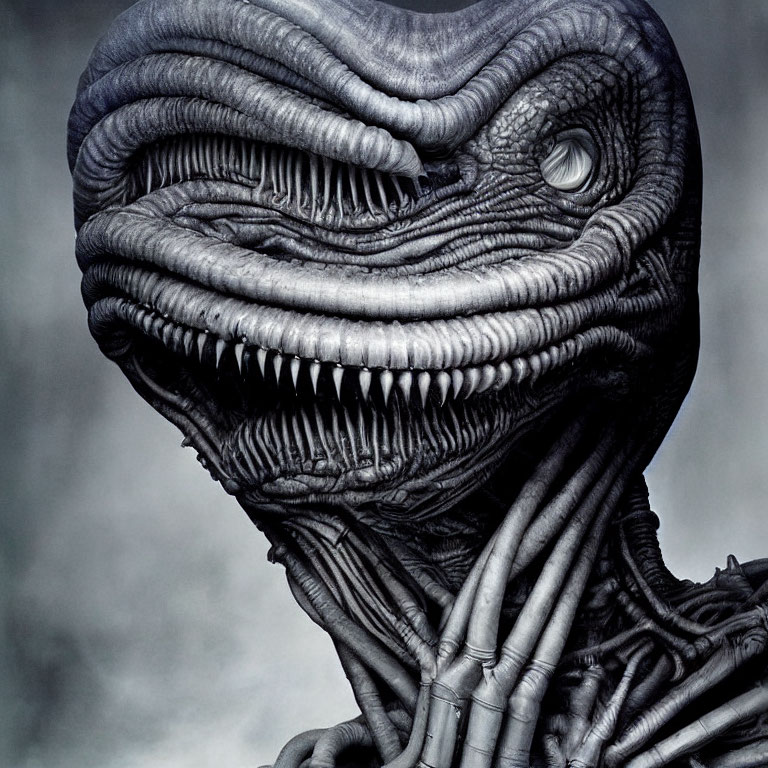 Detailed reptilian alien creature with textured skin and sharp teeth in close-up view