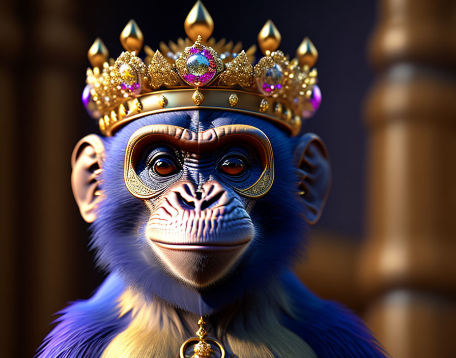 Blue-faced monkey portrait with ornate gold crown and jewels.