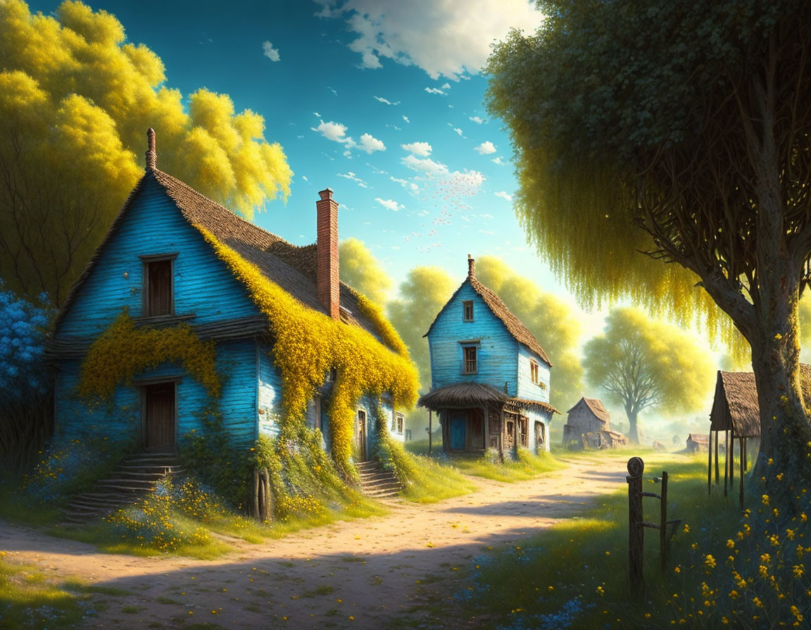 Tranquil village scene with blue cottages, green trees, and yellow flowers