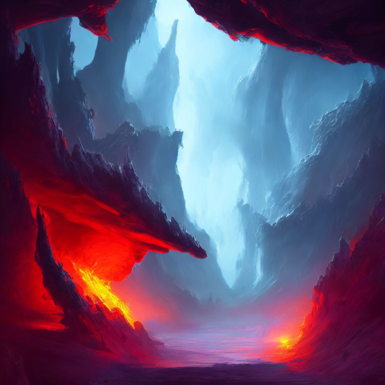 Vibrant painting of volcanic cavern with glowing lava and ethereal sky