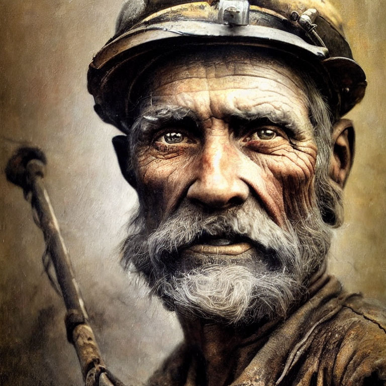 Elderly miner with weathered face and pickaxe gazes intensely
