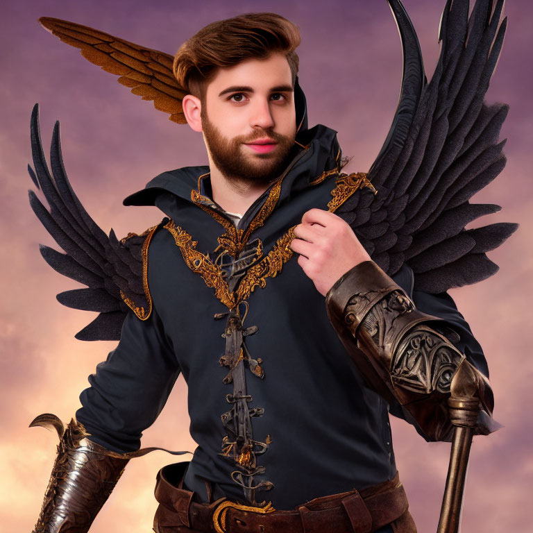 Bearded man in fantasy costume with black wings and staff