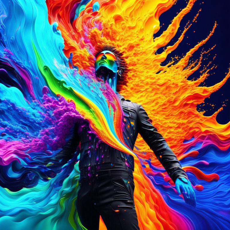 Vibrant liquid colors burst from person in black suit