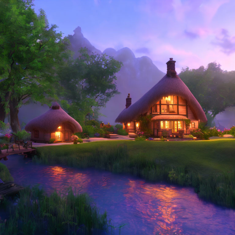 Thatched-Roof Cottages by Serene River at Dusk