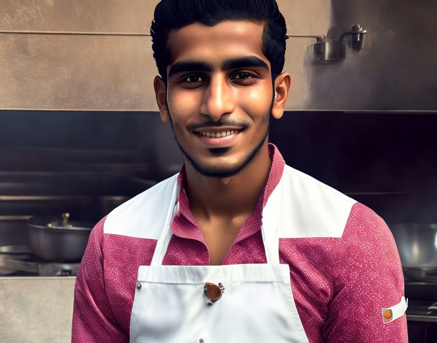 Smiling man with facial hair in white apron in kitchen setting