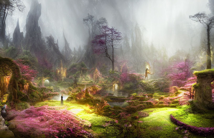 Ethereal fantasy forest with pink foliage and mystical trees