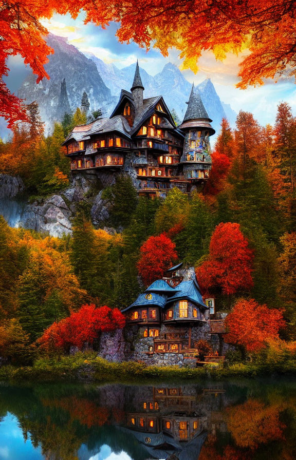 Intricate Architecture of Enchanting Mansion in Autumn Forest