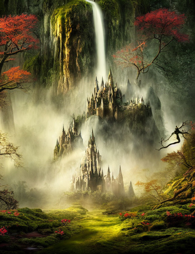 Fantasy castle with mystical waterfall and red trees in ethereal light