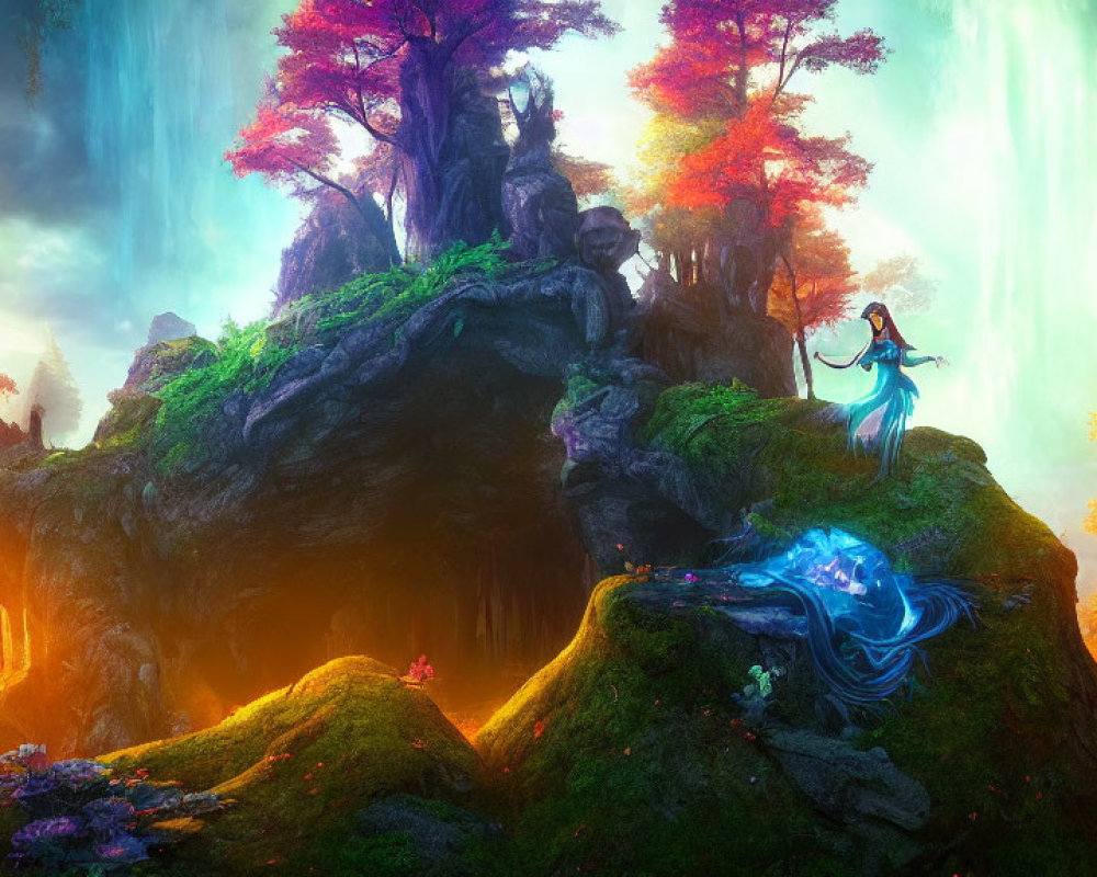 Fantasy landscape with waterfall, glowing creatures, and magical figure in luminescent foliage