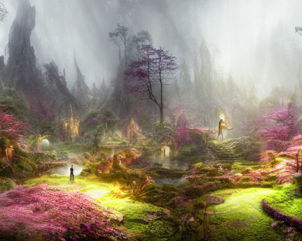 Ethereal fantasy forest with pink foliage and mystical trees