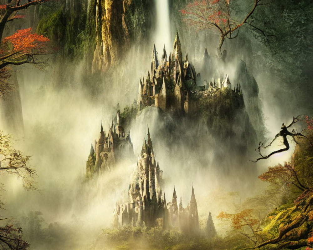 Fantasy castle with mystical waterfall and red trees in ethereal light