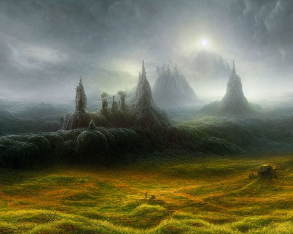 Mystical landscape with towering rock formations and green hills under hazy sun