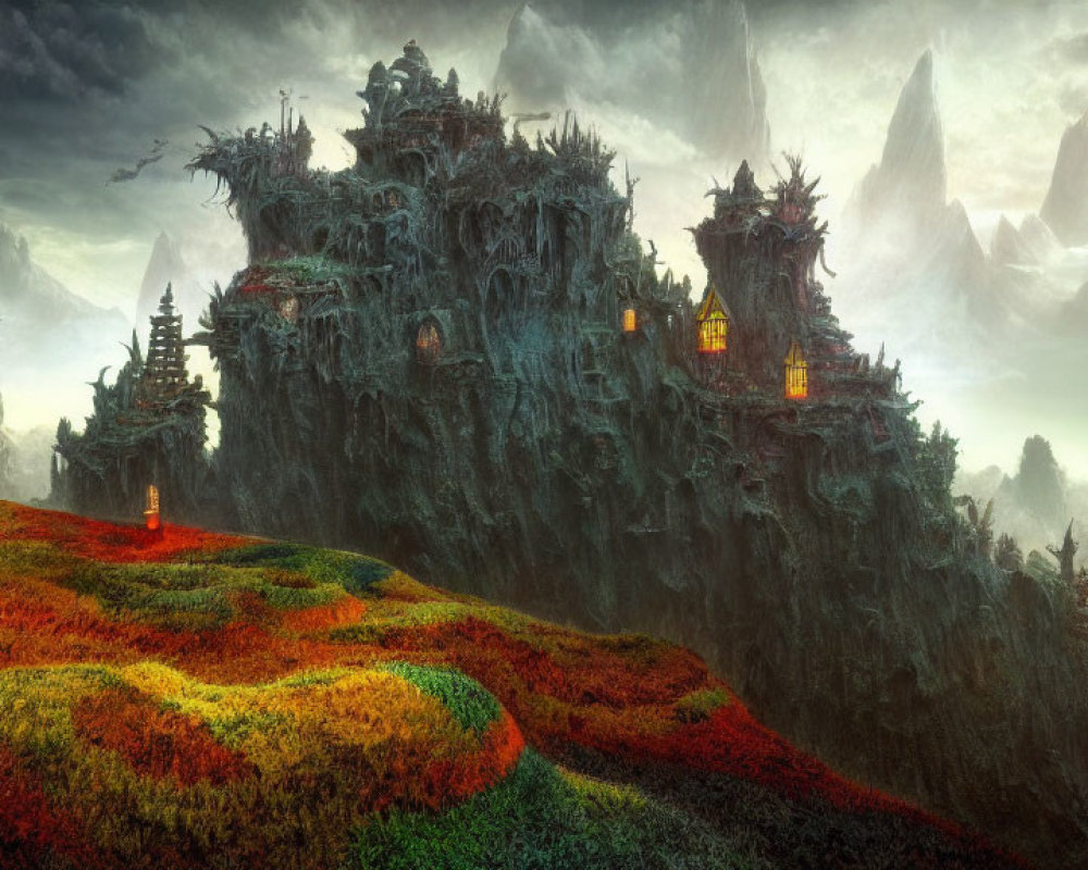 Ethereal landscape with ancient temples on forested hill overlooking colorful valley