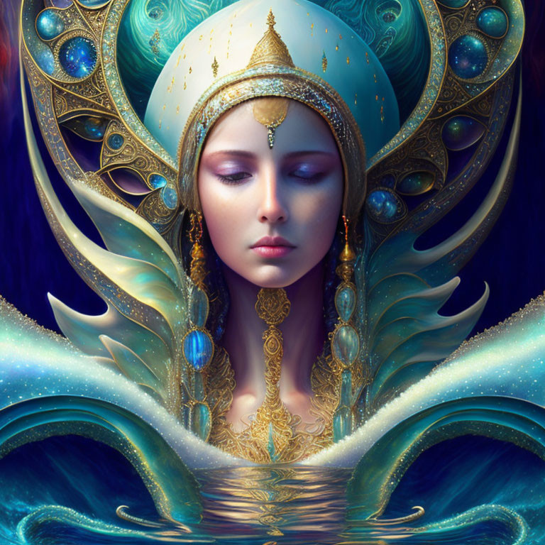 Ethereal woman in golden headdress with blue gemstones