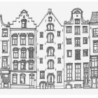 Detailed black & white architectural drawing of European-style buildings with distinct facades, windows, and balconies