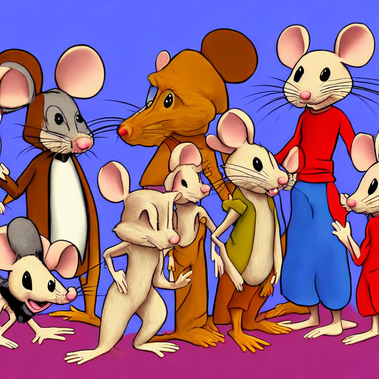 Anthropomorphic mice in colorful attire on blue background