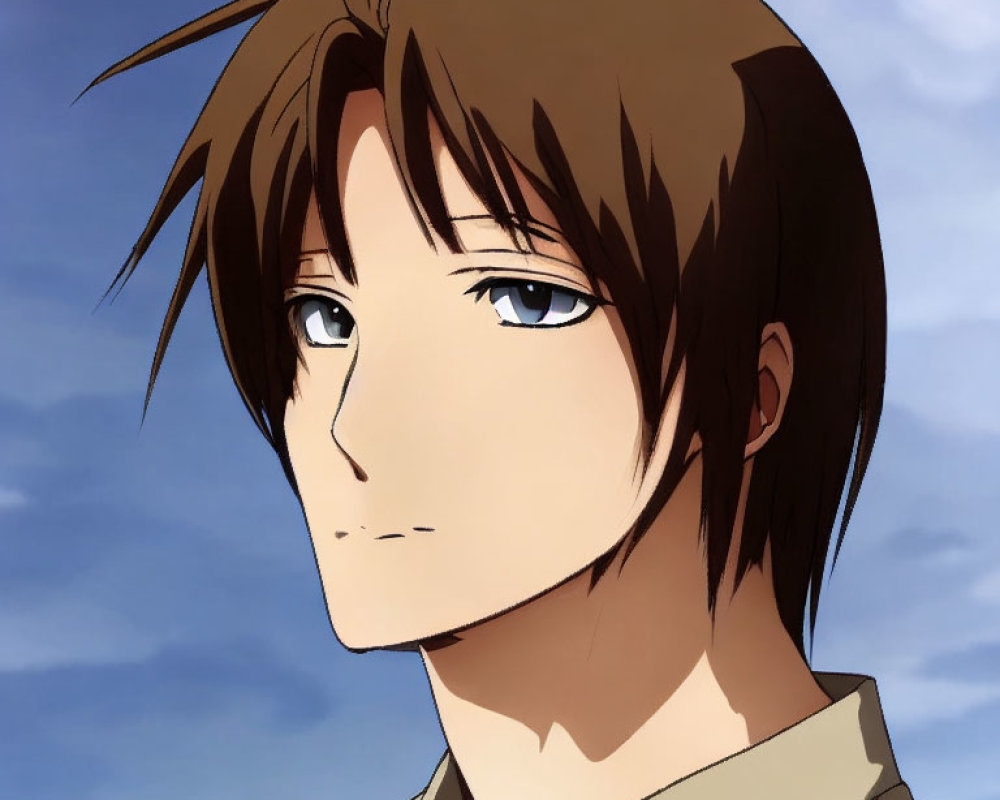 Anime character with brown hair and blue eyes in tan shirt on blue sky background