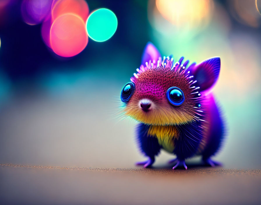 Colorful Stylized Illustration of Cute Creature with Purple Spines and Blue Fur