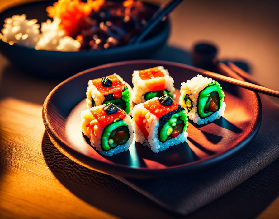 Colorful Sushi Platter on Dark Plate with Condiments