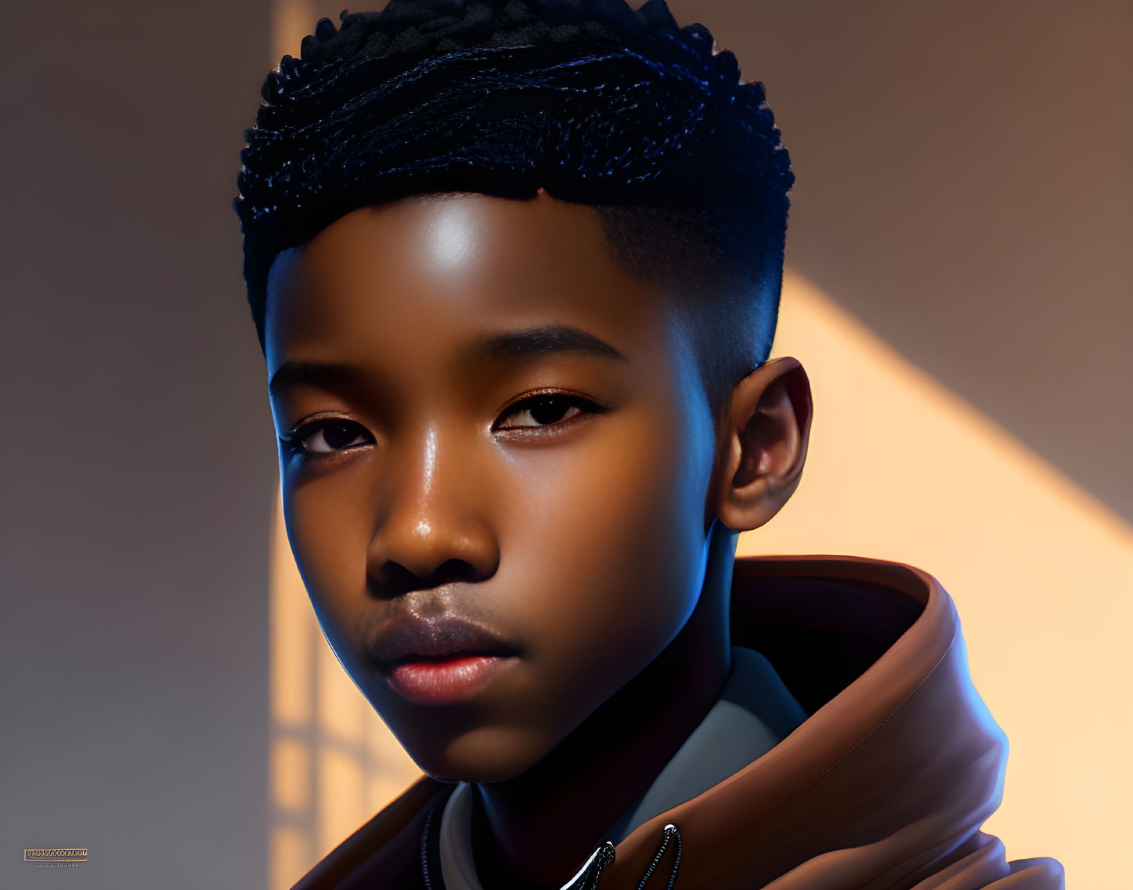 Young person's digital portrait with stylized hair and brown jacket under warm lighting