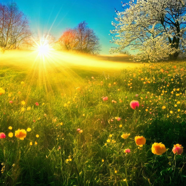 Sunrise meadow with yellow and red flowers and sunburst through trees