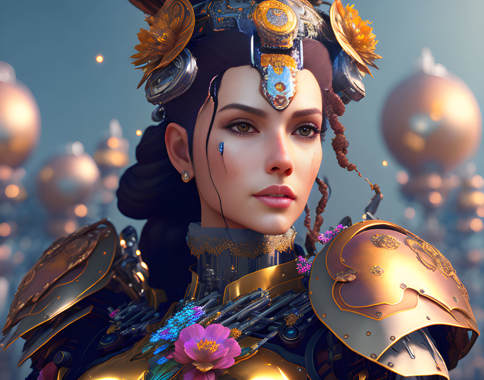 Detailed 3D render of woman in futuristic armor with gold headdress, surrounded by floating metallic spheres