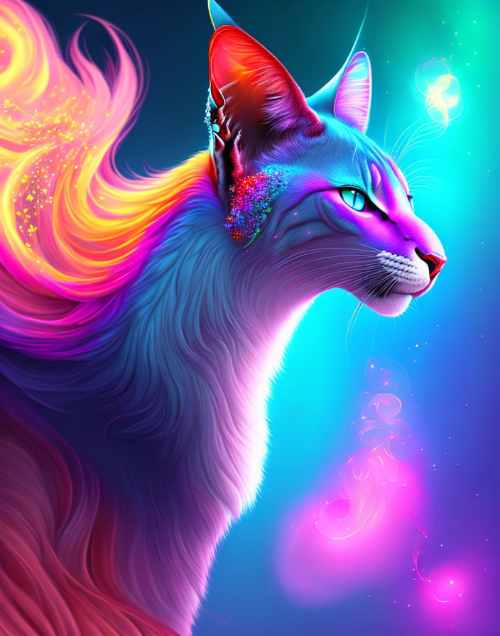 Fantastical cat with fiery orange mane and glowing blue fur