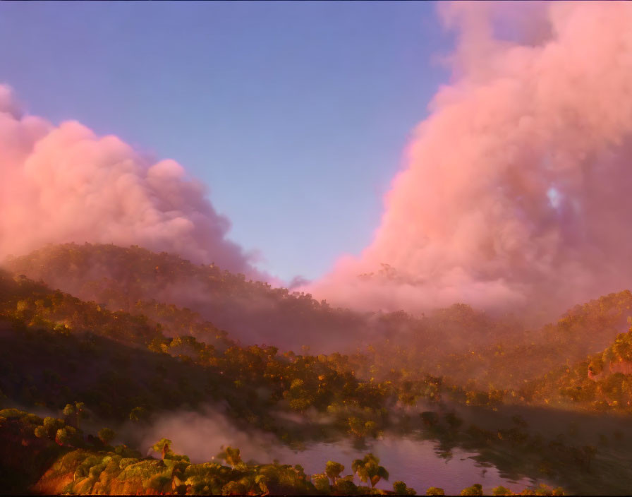 Serene sunrise landscape with pink clouds, river, and green hills