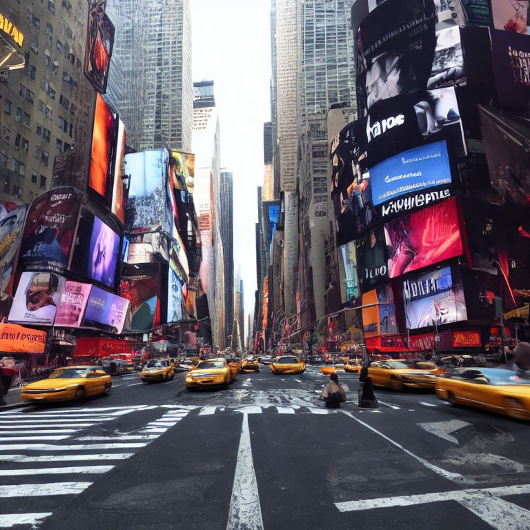 City street with yellow taxis, pedestrians, and billboards under cloudy sky