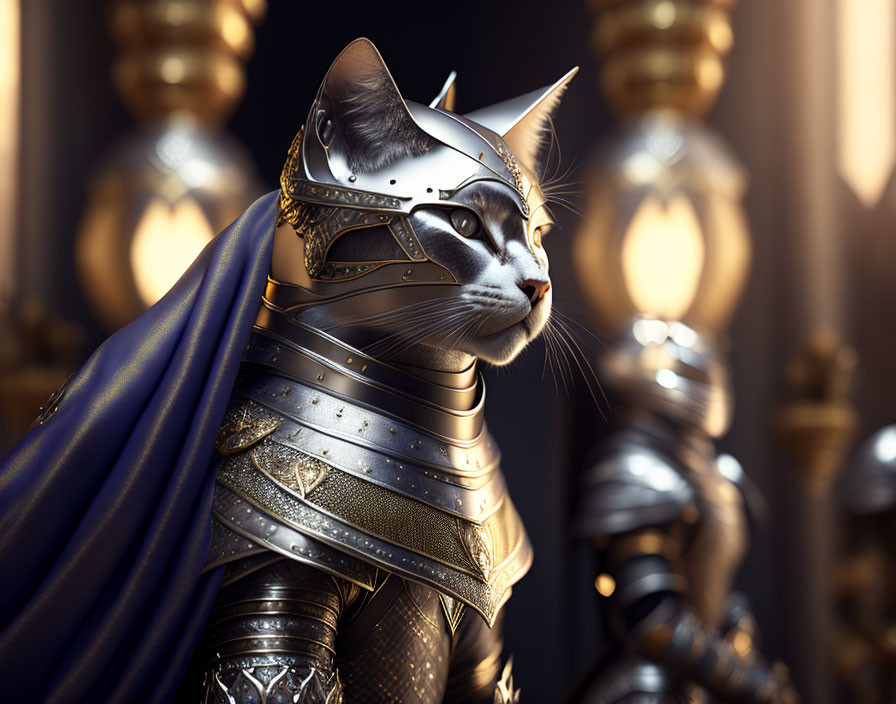 Medieval knight armor cat with golden accents and blue cape in majestic pose