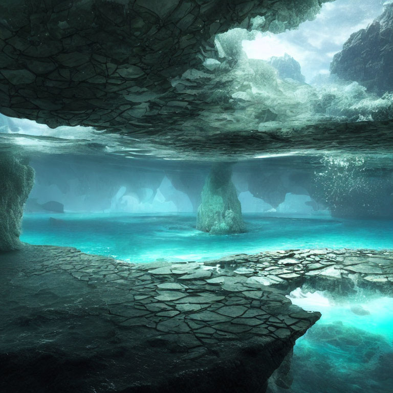 Mystical subterranean cave with turquoise waters and rock formations