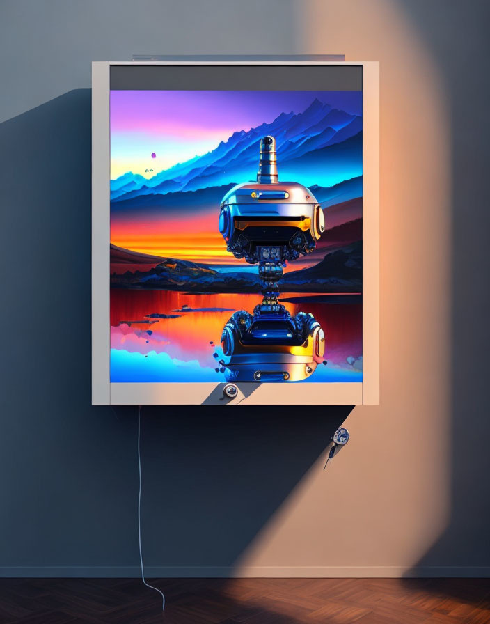 Digital artwork of a robot by a reflective lake at sunset on canvas with plugged-in cord