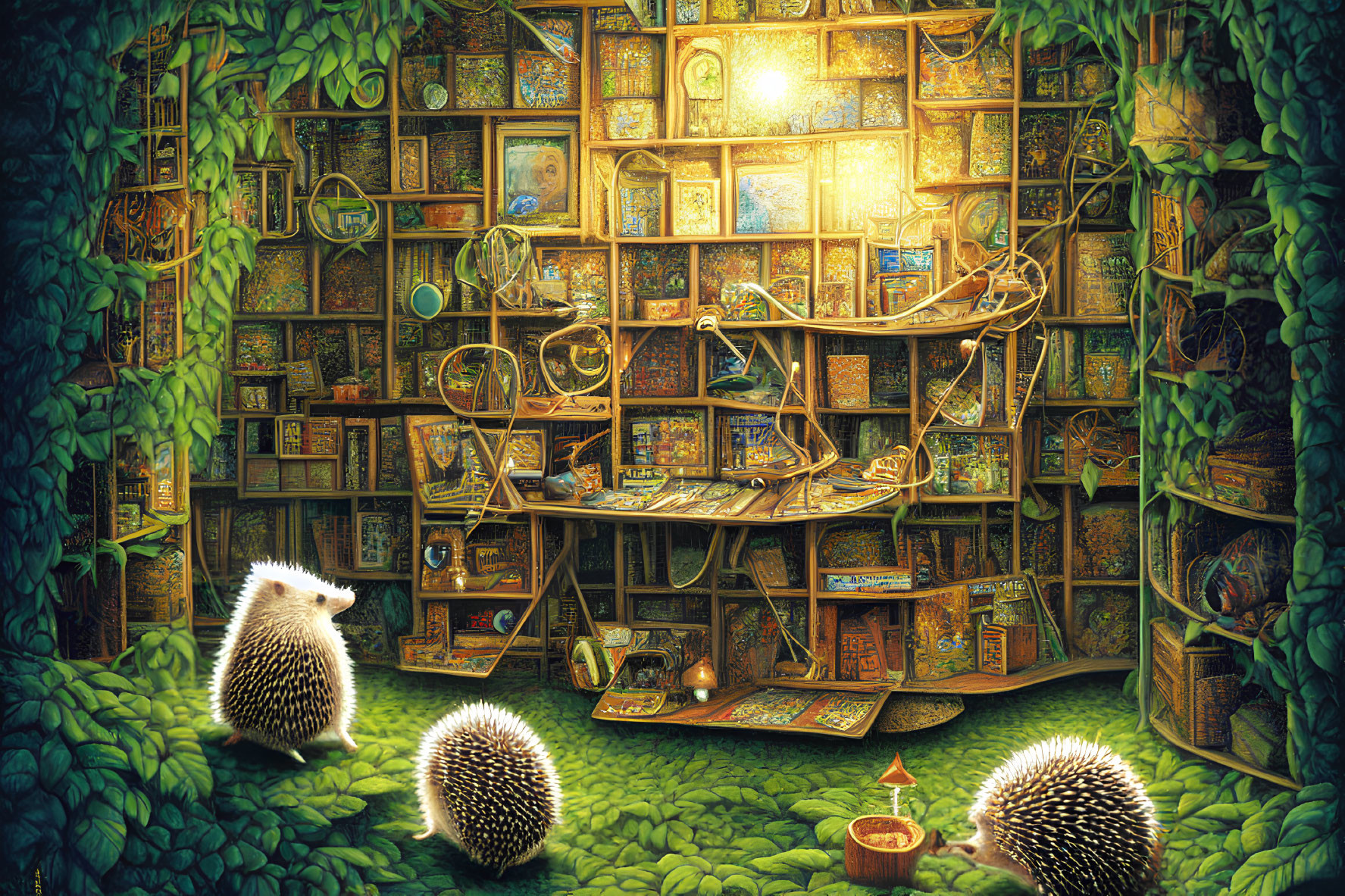 Cozy book-filled nook with magical items and hedgehogs