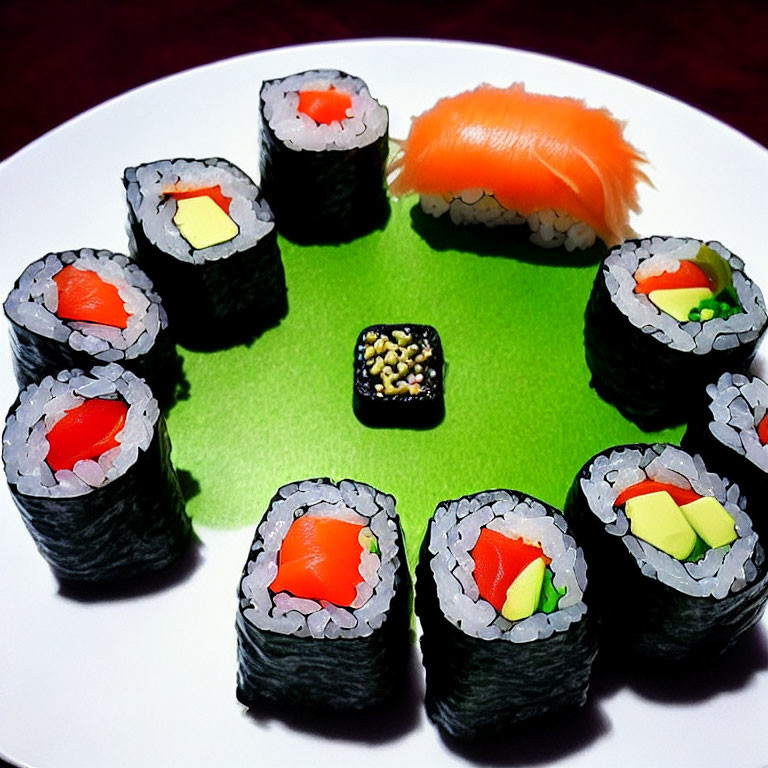 Assorted Sushi Rolls and Nigiri with Salmon and Vegetables