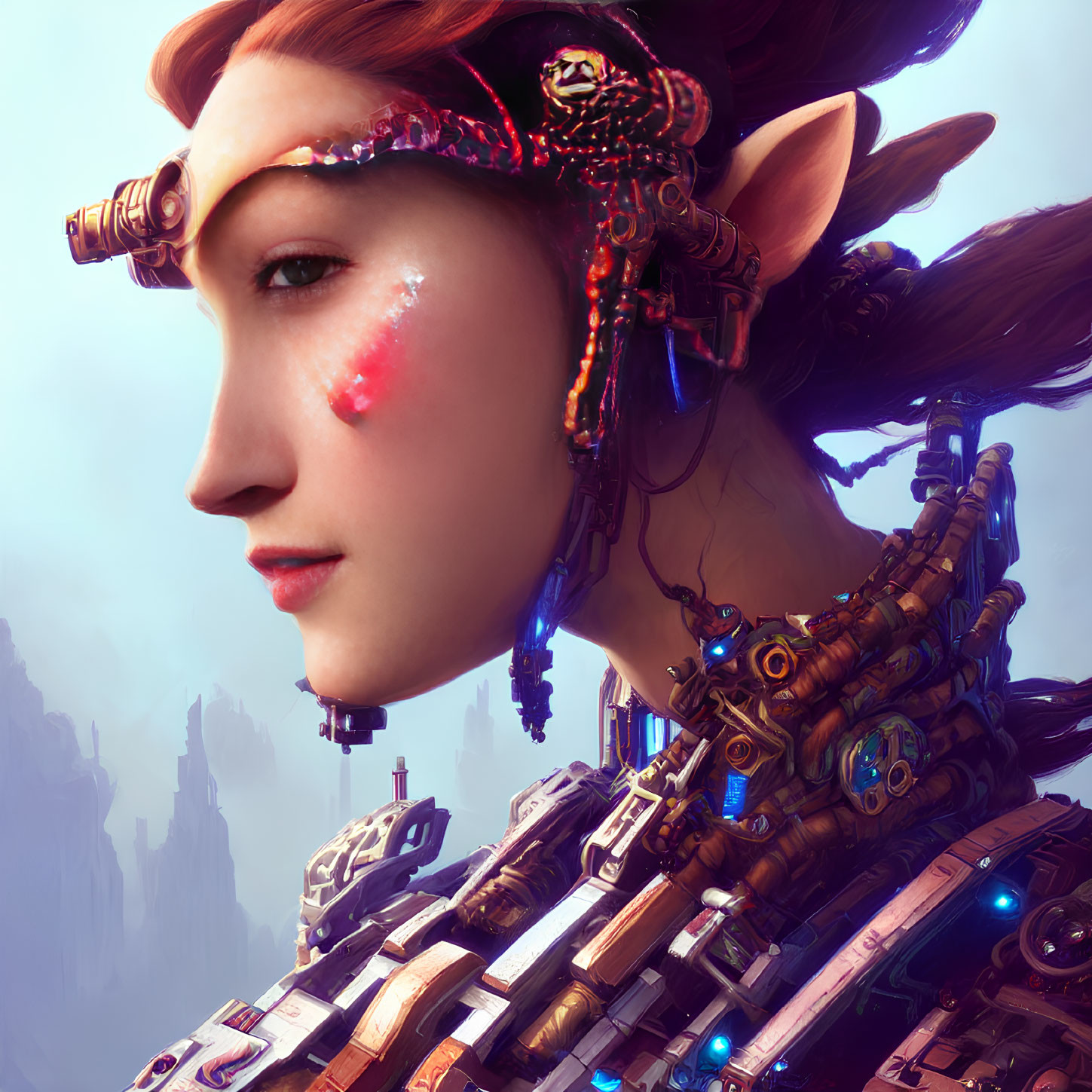 Cyborg woman with elf-like ears and mystical mark on cheek against blue backdrop