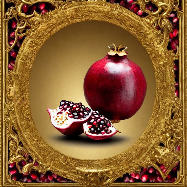 Pomegranate and Seeds in Golden Frame with Background Pattern