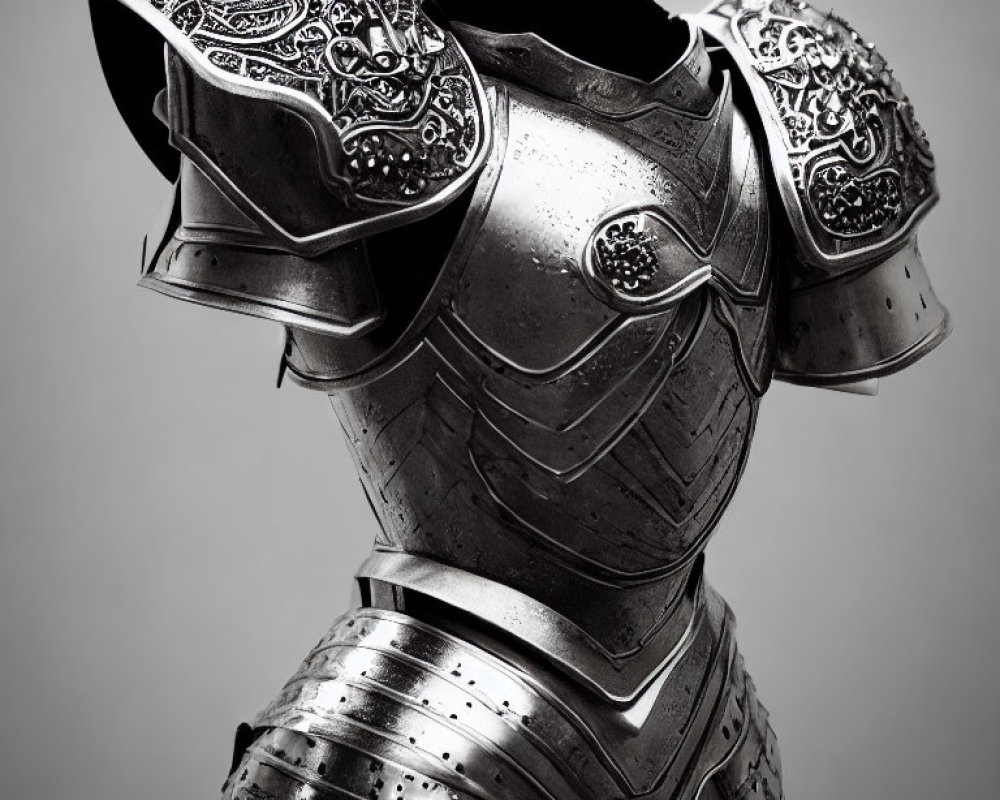 Detailed Close-Up of Intricately Etched Medieval Armor on Gray Background