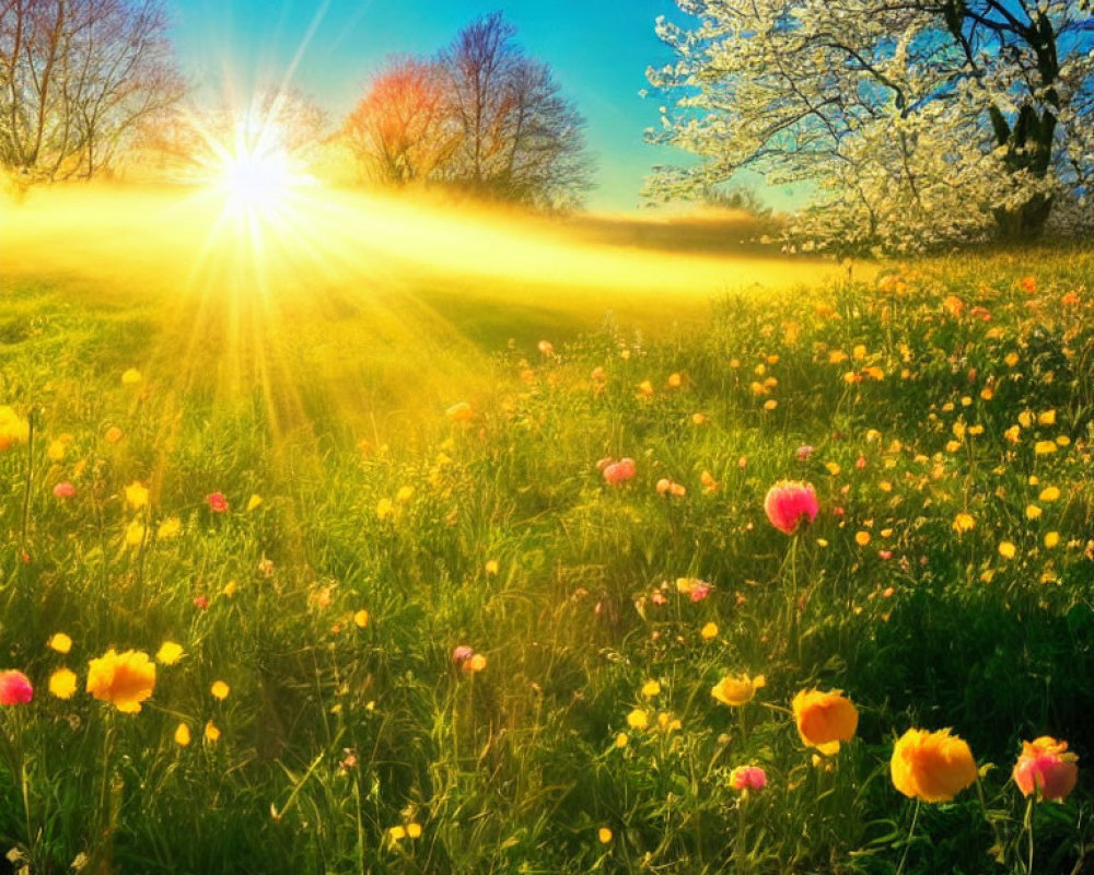 Sunrise meadow with yellow and red flowers and sunburst through trees