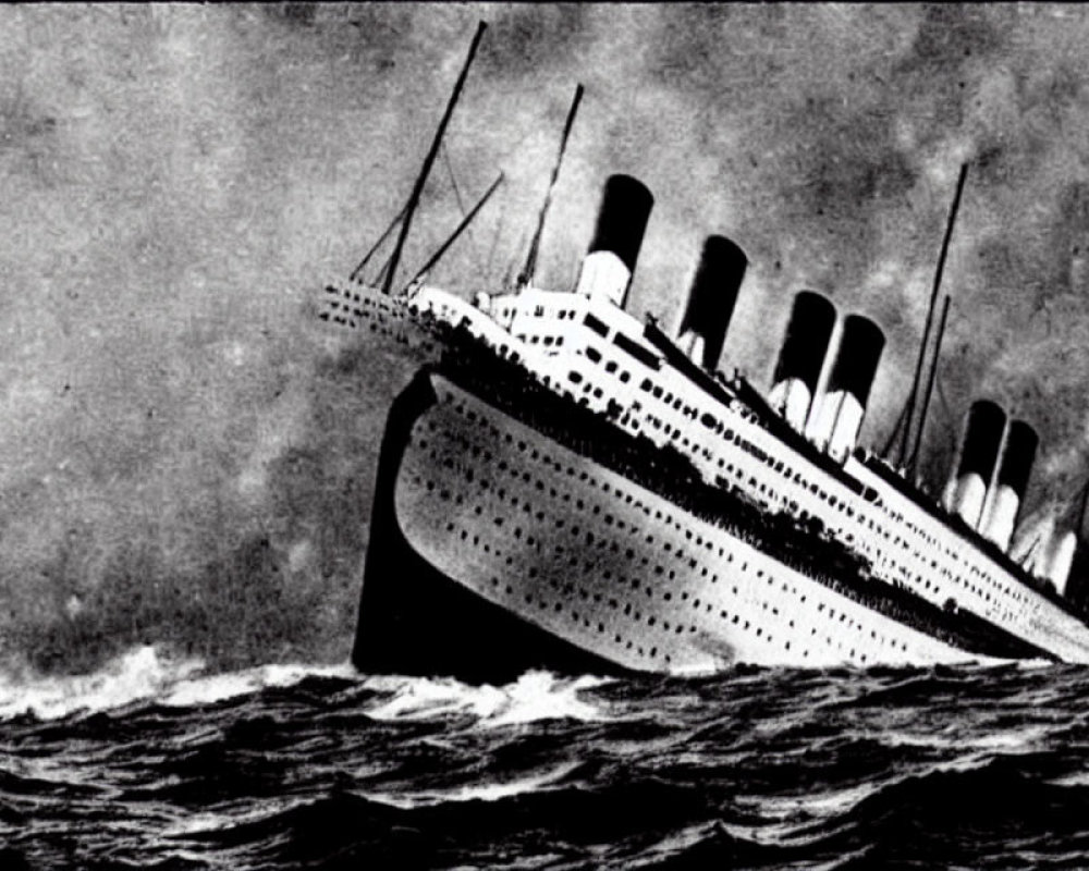 Monochrome picture of a four-funneled ocean liner on the sea