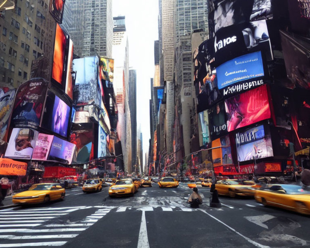 City street with yellow taxis, pedestrians, and billboards under cloudy sky