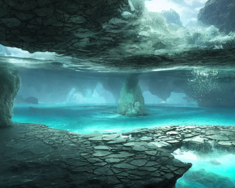 Mystical subterranean cave with turquoise waters and rock formations